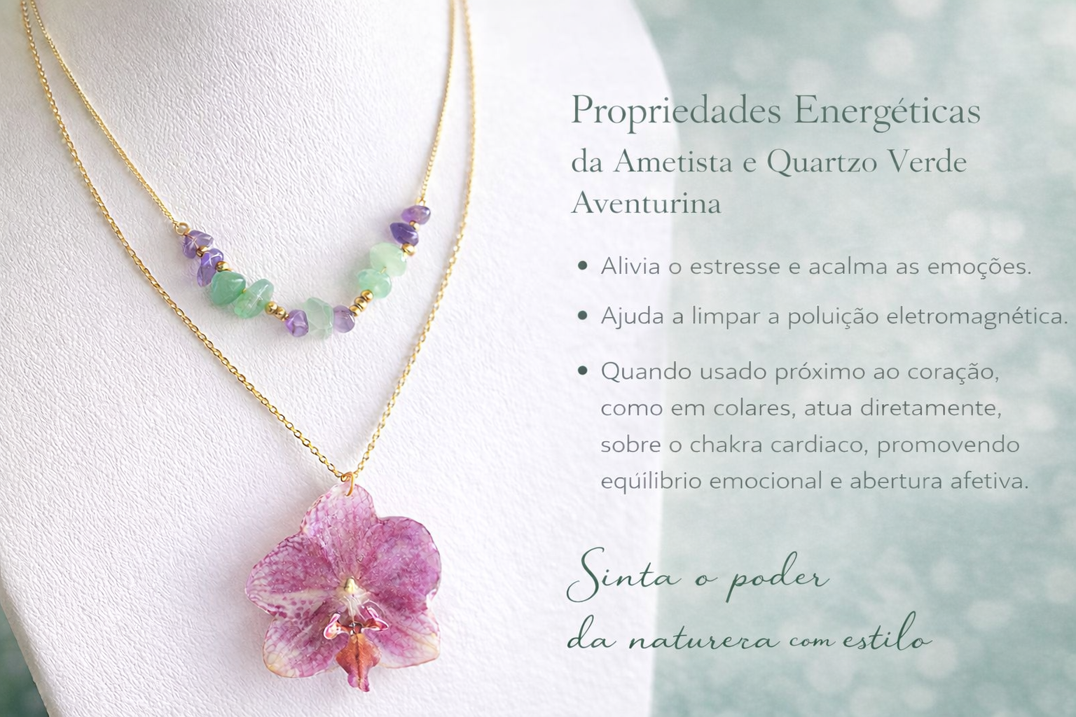 Colar Orquídea com pedras naturais Ametista e Quartzo Verde Aventurina