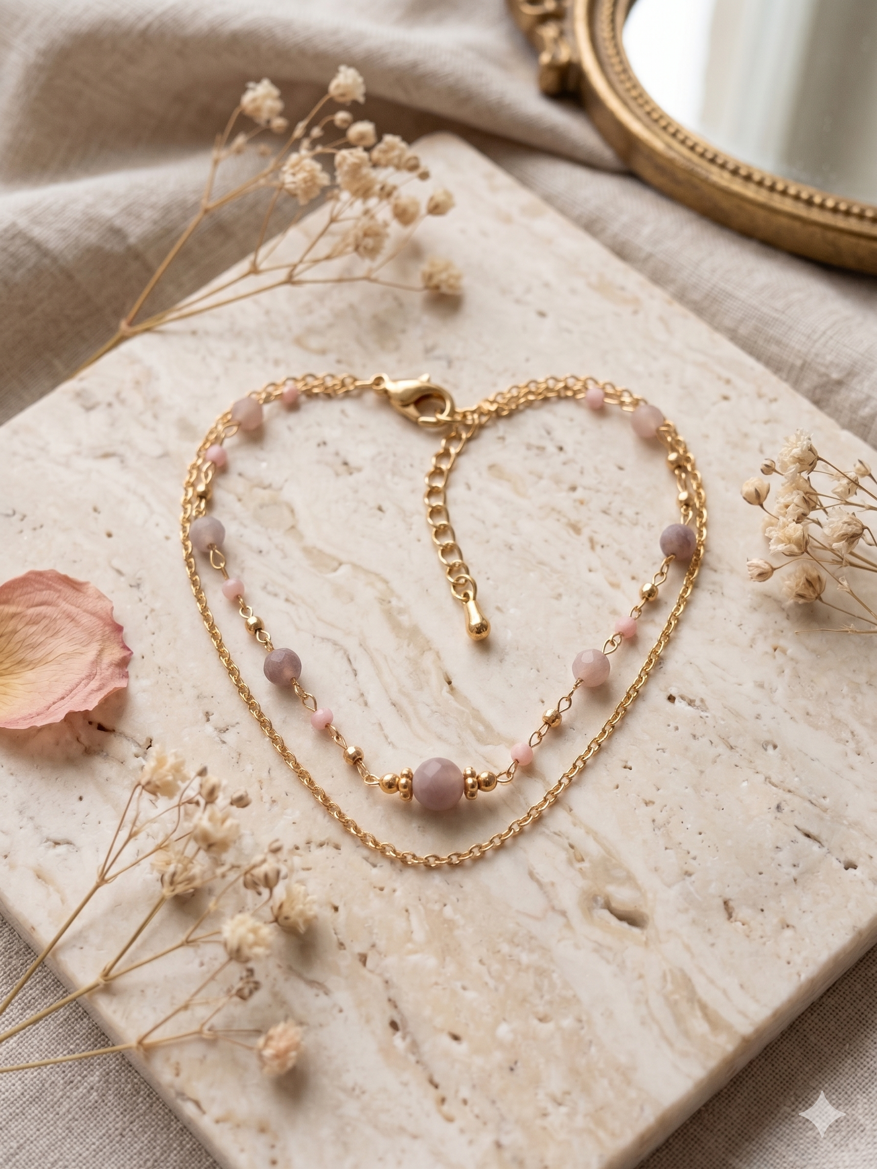 Pulseira dupla corrente com pedras naturais