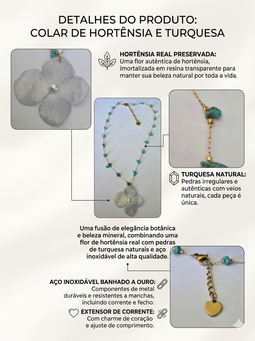 Colar Hortênsia Azul com Pedras Naturais Turquesa