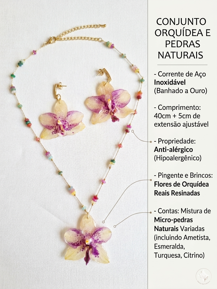 Conjunto Orquidea Branca e Roxa com Pedras Naturais