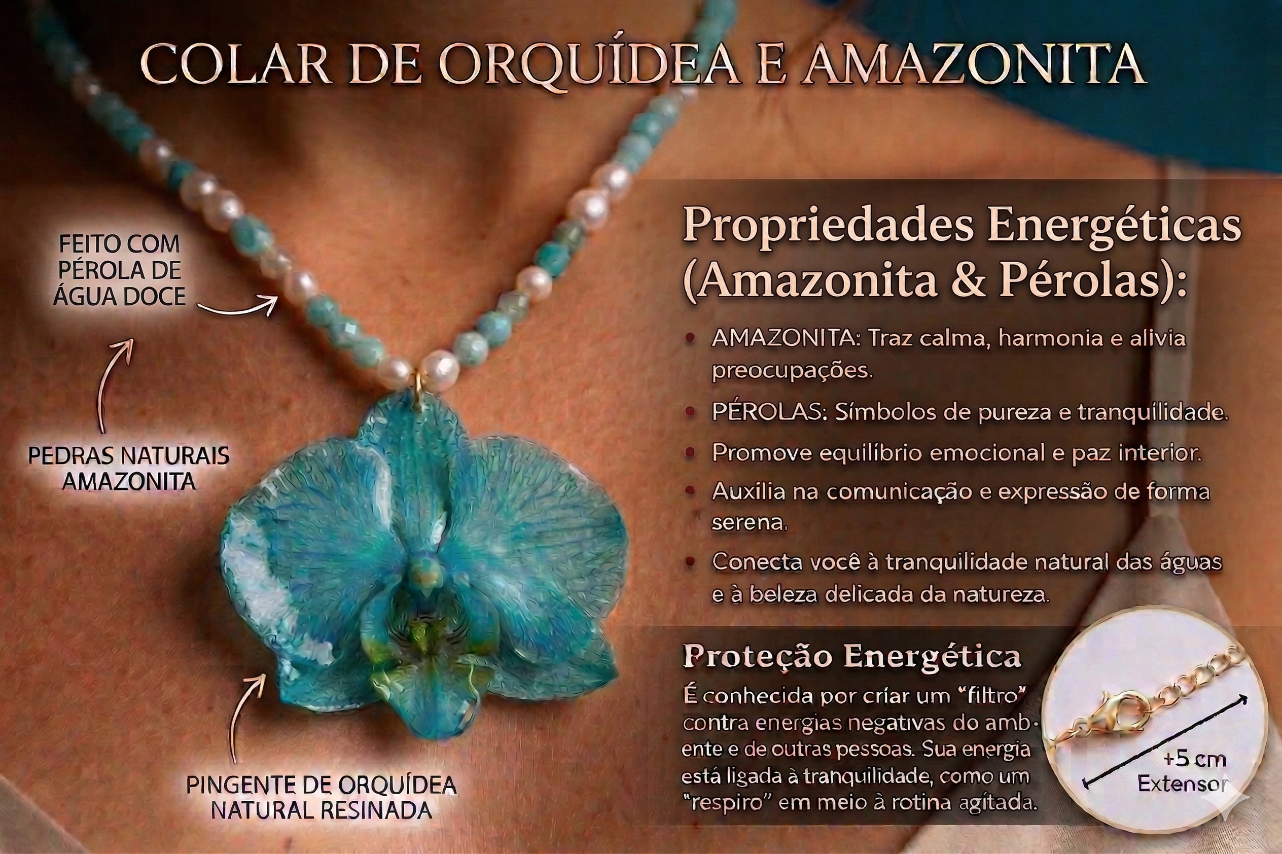Colar Orquîdea Azul com Pedras Naturais