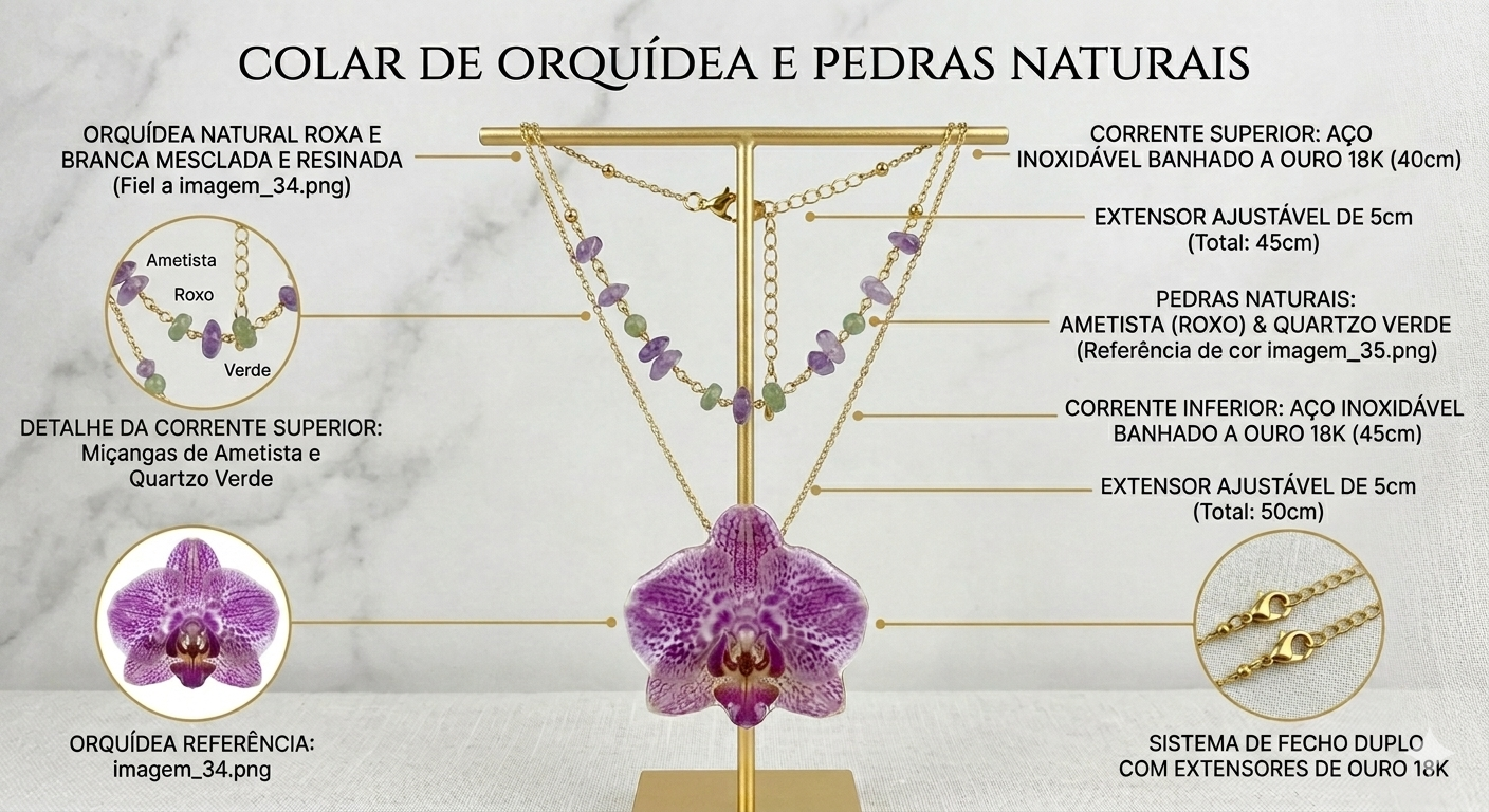 Colar Orquídea com pedras naturais Ametista e Quartzo Verde Aventurina