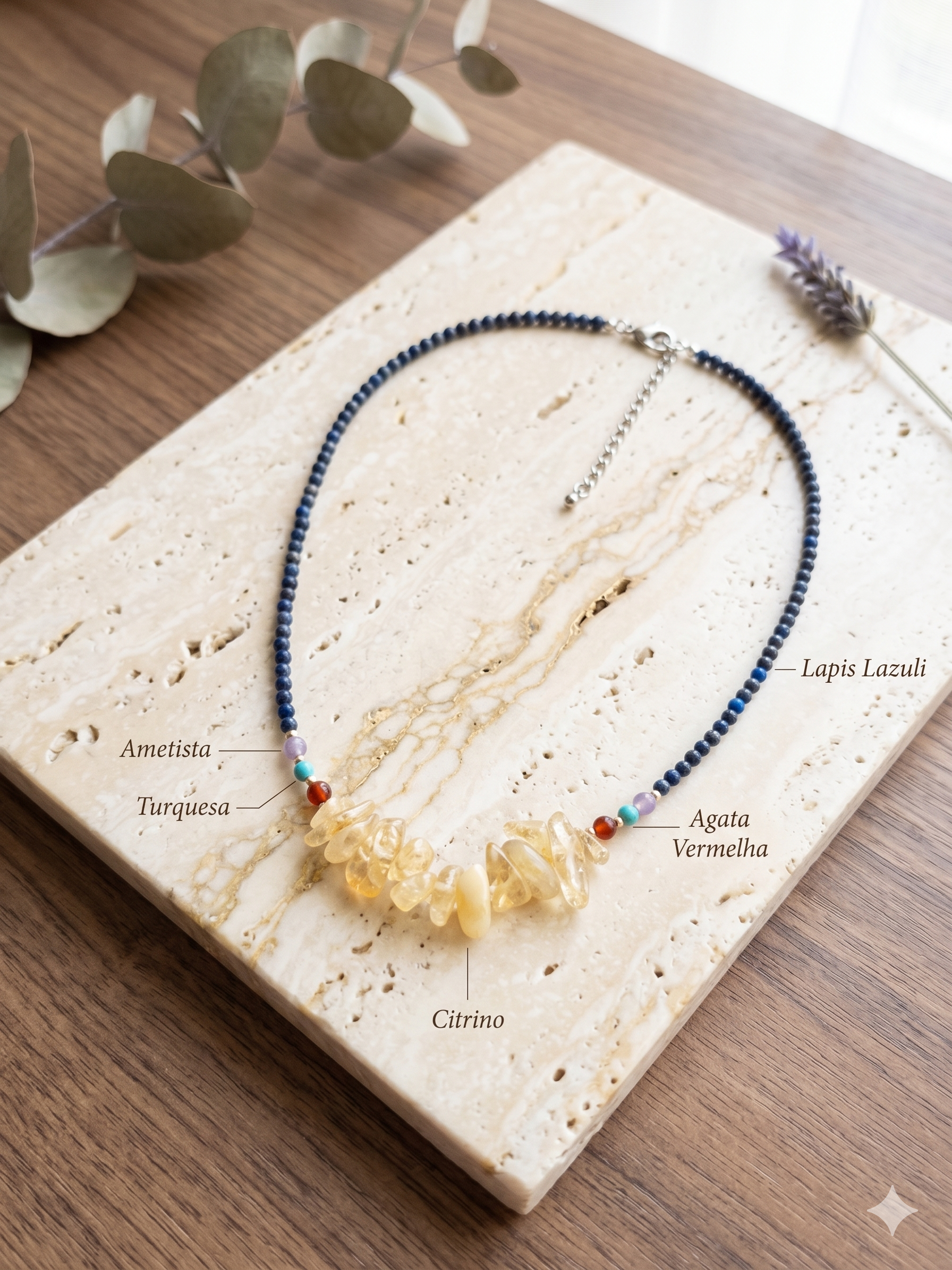Colar de Sinergia Natural – Citrino, Lapis Lazuli, Ametista, Ágata Vermelha eTurquesa – Vitalidade, Sabedoria e Equilíbrio Multidimensional