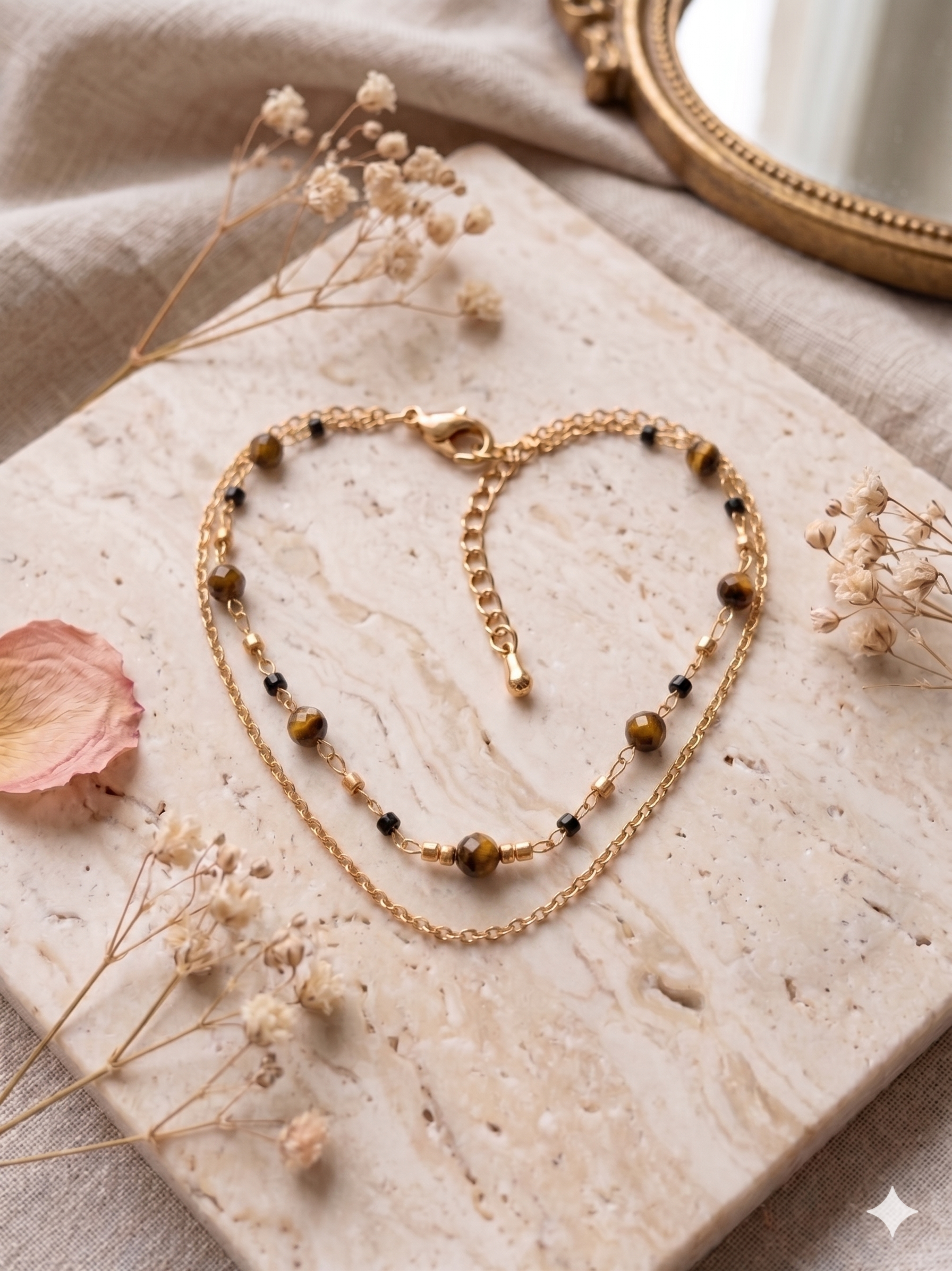 Pulseira dupla corrente com pedras naturais