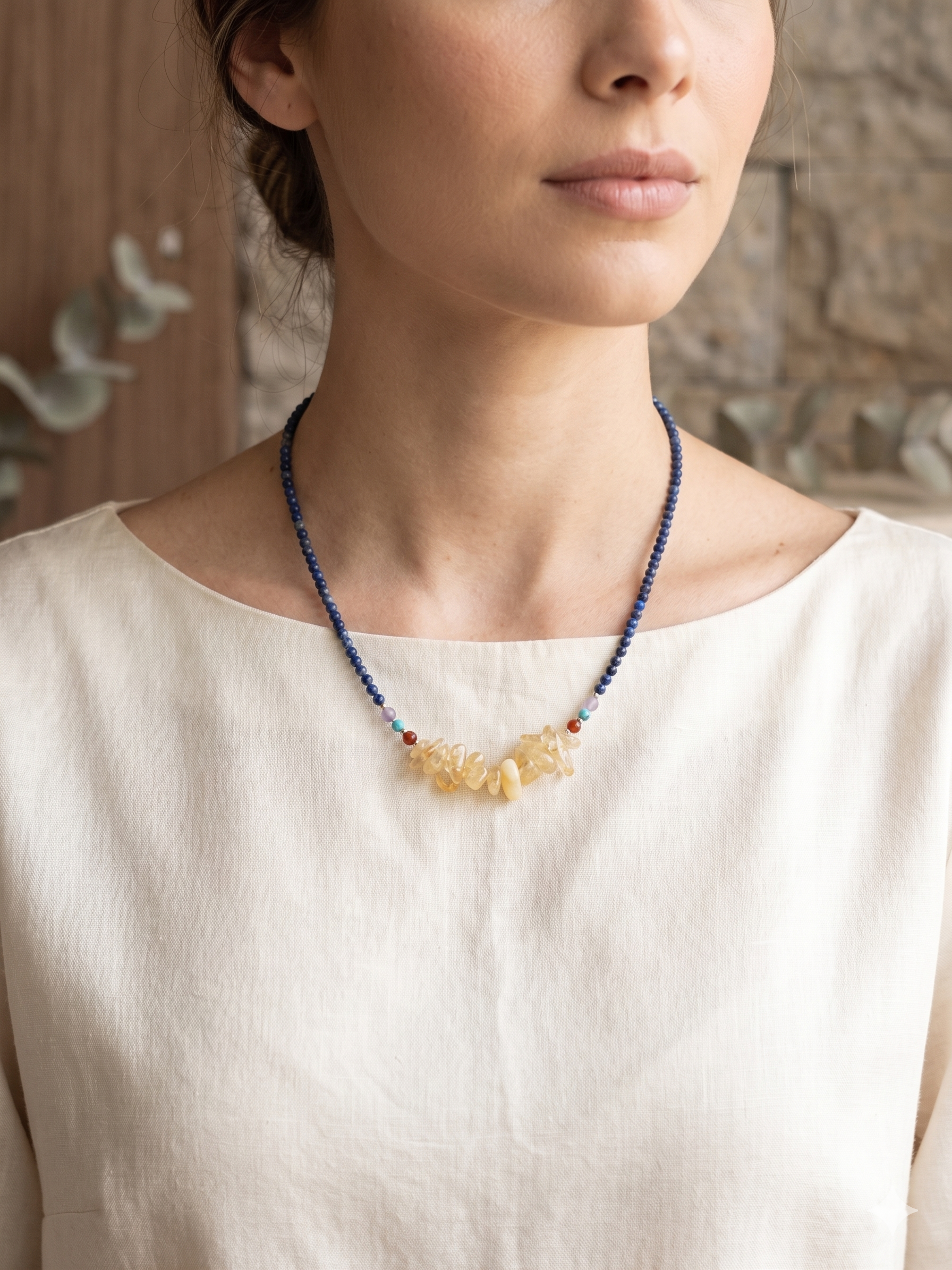 Colar de Sinergia Natural – Citrino, Lapis Lazuli, Ametista, Ágata Vermelha eTurquesa – Vitalidade, Sabedoria e Equilíbrio Multidimensional