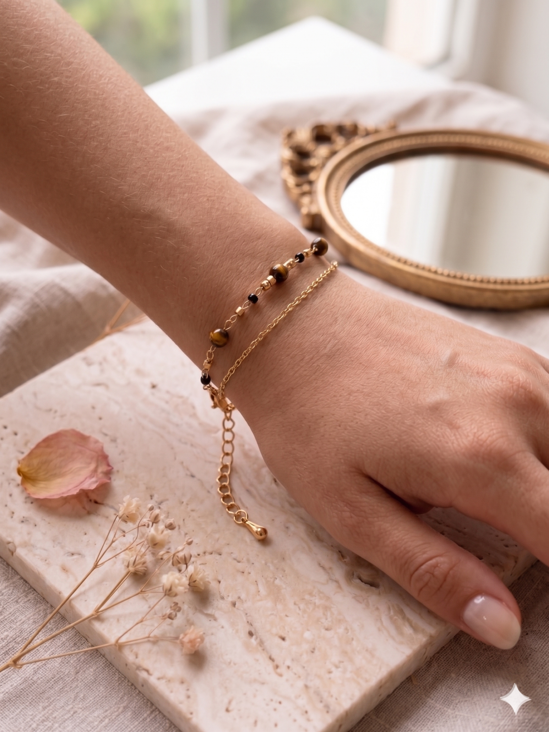 Pulseira dupla corrente com pedras naturais