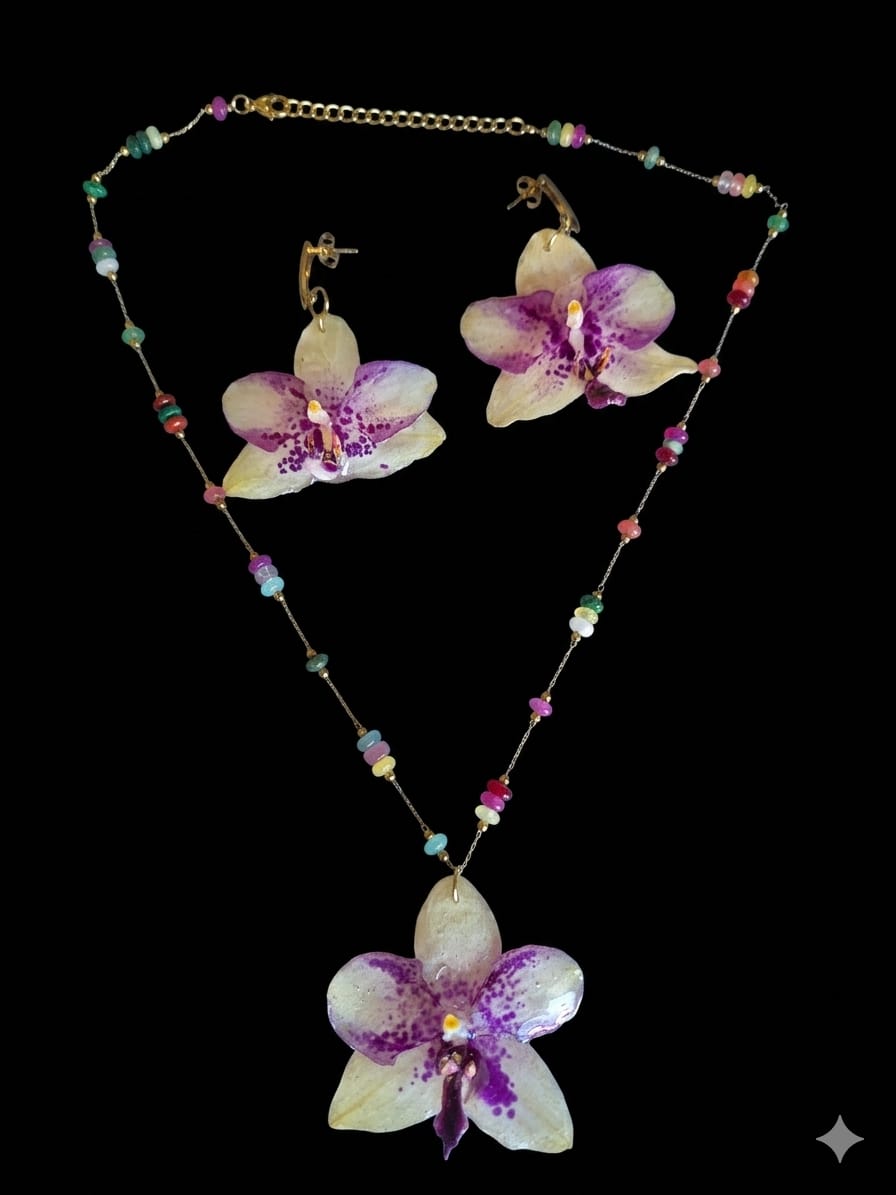 Conjunto Orquidea Branca e Roxa com Pedras Naturais